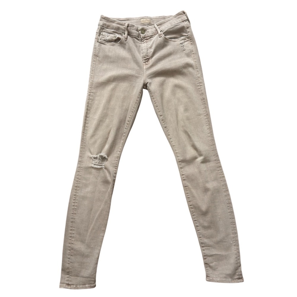 Mother The Looker Skinny Jeans Tan Distressed Mid Rise Beige Back Stain 29